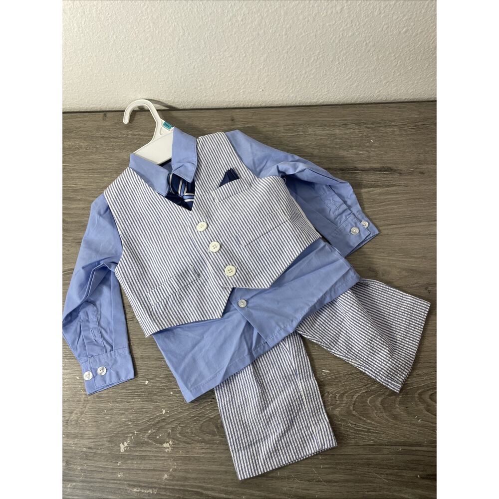 Baby Boys 18M Formal Dress Suit Set Blue White Seersucker Vest Pants Tie 18 Mo